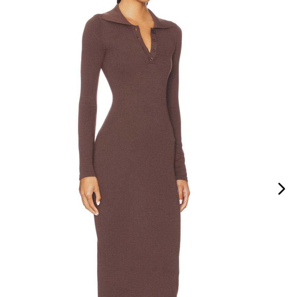 Long-Sleeve Polo Ribbed Maxi Dress in Brown